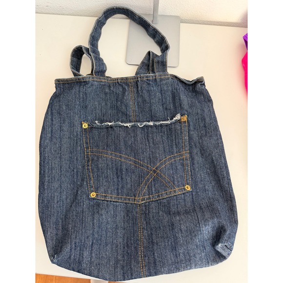 Handbags - Upcycled Dark Wash Denim Tote Bag Frayed Pocket Indigo Blue Cotton Shoulder Bag